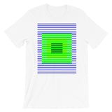 Blue Green Stripes Yellow Black Squares Unisex T-Shirt Squares Within Lines Abyssinian Kiosk Fashion Cotton Apparel Clothing Bella Canvas Original Art