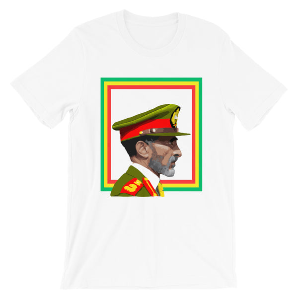 Haile Selassie Color Profile GYR Frame Unisex T-Shirt Abyssinian Kiosk Emperor Rasta Rastafari Green Yellow Red Ethiopian Flag Ethiopia Africa African Abyssinia Habesha History Military Uniform Art Portrait Vintage Reggae Bella Canvas Original Art Fashion Cotton Apparel Clothing