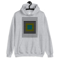 Black Stripes Yellow Cyan Squares Unisex Hoodie Squares Within Lines Abyssinian Kiosk Fashion Cotton Apparel Clothing Gildan Original Art