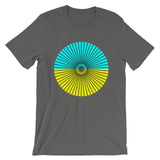 Black Cube Spokes Cyan Top Yellow Bottom Unisex T-Shirt Abyssinian Kiosk Squares Bicycle Spokes Dual Color Circle Fashion Cotton Apparel Clothing Bella Canvas Original Art