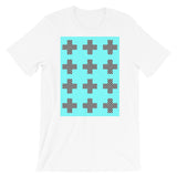 Criss Cross Cyan Black Unisex T-Shirt Abyssinian Kiosk 12 Small Equal Arm Crosses Christian Bella Canvas Original Art Fashion Cotton Apparel Clothing