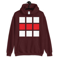 White & Red Blocks Unisex Hoodie Abyssinian Kiosk 6 White and 3 Red Squares Spaced Evenly Fashion Cotton Apparel Clothing Gildan Original Art