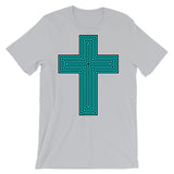 Cyan & Black Maze Cross Unisex T-Shirt Abyssinian Kiosk Christian Jesus Religion Lined Latin Cross Bella Canvas Original Art Fashion Cotton Apparel Clothing