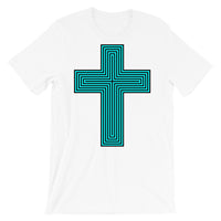 Cyan & Black Maze Cross Unisex T-Shirt Abyssinian Kiosk Christian Jesus Religion Lined Latin Cross Bella Canvas Original Art Fashion Cotton Apparel Clothing