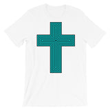 Cyan & Black Maze Cross Unisex T-Shirt Abyssinian Kiosk Christian Jesus Religion Lined Latin Cross Bella Canvas Original Art Fashion Cotton Apparel Clothing