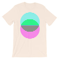 Cyan Green Magenta Lined Circles Unisex T-Shirt Abyssinian Kiosk Joining Circles Fashion Cotton Apparel Clothing Bella Canvas Original Art