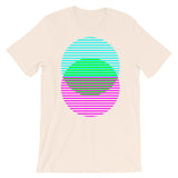 Cyan Green Magenta Lined Circles Unisex T-Shirt Abyssinian Kiosk Joining Circles Fashion Cotton Apparel Clothing Bella Canvas Original Art