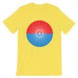 White Cube Spokes Red Top Blue Bottom Unisex T-Shirt Abyssinian Kiosk Squares Bicycle Spokes Dual Color Circle Fashion Cotton Apparel Clothing Bella Canvas Original Art 
