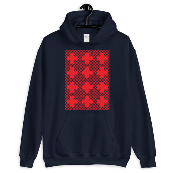 Criss Cross Red Unisex Hoodie Abyssinian Kiosk 12 Small Equal Arm Crosses Christian Gildan Original Art Fashion Cotton Apparel Clothing