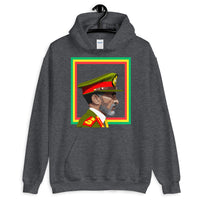 Haile Selassie Color Profile GYR Frame Unisex Hoodie Abyssinian Kiosk Emperor Rasta Rastafari Green Yellow Red Ethiopian Flag Ethiopia Africa African Abyssinia Habesha History Military Uniform Art Portrait Vintage Reggae Gildan Original Art Fashion Cotton Apparel Clothing