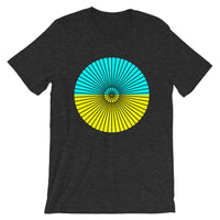 Black Cube Spokes Cyan Top Yellow Bottom Unisex T-Shirt Abyssinian Kiosk Squares Bicycle Spokes Dual Color Circle Fashion Cotton Apparel Clothing Bella Canvas Original Art