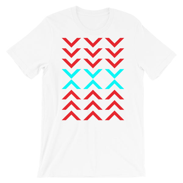 Arrows Down Up Red Cyan Unisex T-Shirt Abyssinian Kiosk Fashion Cotton Apparel Clothing Bella Canvas Original Art