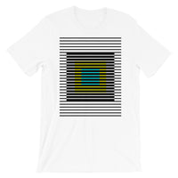 Black Stripes Yellow Cyan Squares Unisex T-Shirt Squares Within Lines Abyssinian Kiosk Fashion Cotton Apparel Clothing Bella Canvas Original Art