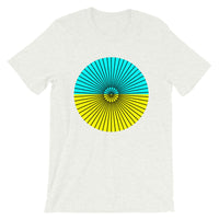 Black Cube Spokes Cyan Top Yellow Bottom Unisex T-Shirt Abyssinian Kiosk Squares Bicycle Spokes Dual Color Circle Fashion Cotton Apparel Clothing Bella Canvas Original Art