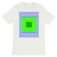 Blue Green Stripes Yellow Black Squares Unisex T-Shirt Squares Within Lines Abyssinian Kiosk Fashion Cotton Apparel Clothing Bella Canvas Original Art