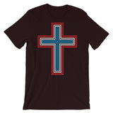 Red White Blue Empty Maze Cross Unisex T-Shirt Abyssinian Kiosk Christian Jesus Religion Lined Latin Cross Bella Canvas Original Art Fashion Cotton Apparel Clothing