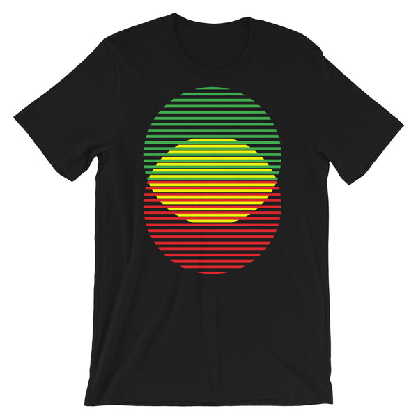 GYR Lined Circles Unisex T-Shirt Abyssinian Kiosk Joining Circles Fashion Cotton Apparel Clothing Bella Canvas Original Art Green Yellow Red Ethiopian Flag