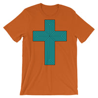 Cyan & Black Maze Cross Unisex T-Shirt Abyssinian Kiosk Christian Jesus Religion Lined Latin Cross Bella Canvas Original Art Fashion Cotton Apparel Clothing