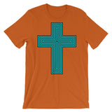 Cyan & Black Maze Cross Unisex T-Shirt Abyssinian Kiosk Christian Jesus Religion Lined Latin Cross Bella Canvas Original Art Fashion Cotton Apparel Clothing