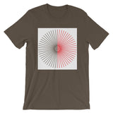 Half Blank Cube Spokes Half Red White BG Unisex T-Shirt Abyssinian Kiosk Squares Bicycle Spokes Background Fashion Cotton Apparel Clothing Bella Canvas Original Art