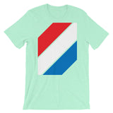 Red White Blue Stripes Unisex T-Shirt Abyssinian Kiosk Diagonal Stripes Red White Blue America American Flag Fashion Cotton Apparel Clothing Bella Canvas Original Art